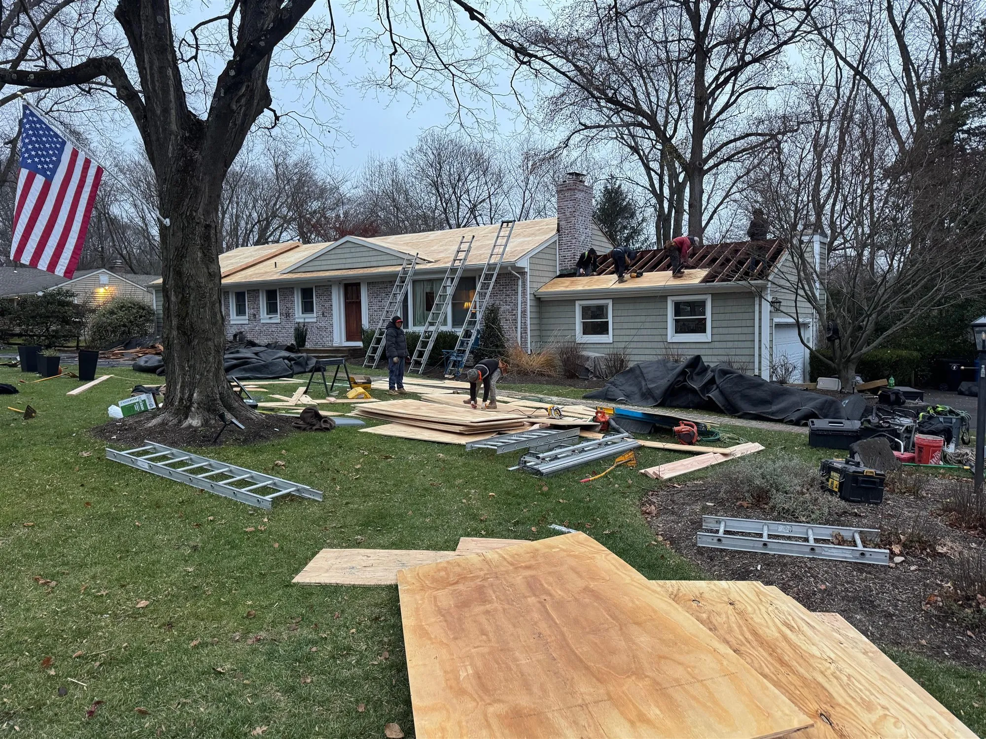 Plywood roof decking staged on a lawn during a roof replacement